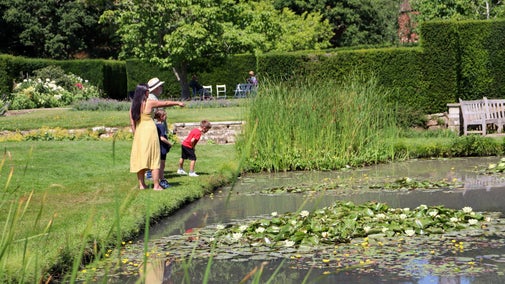 A group of people standing by the lily pond at Bateman's